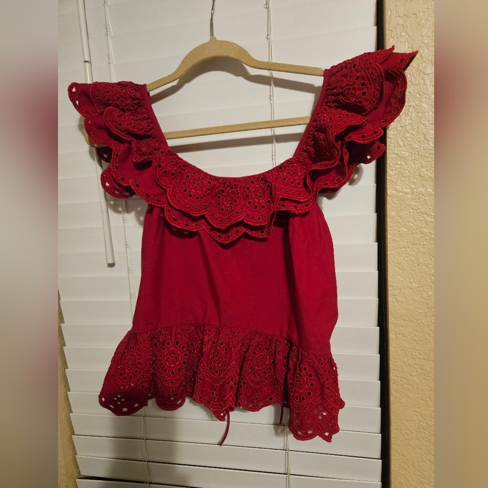 Express Red Eyelet Ruffle Blouse